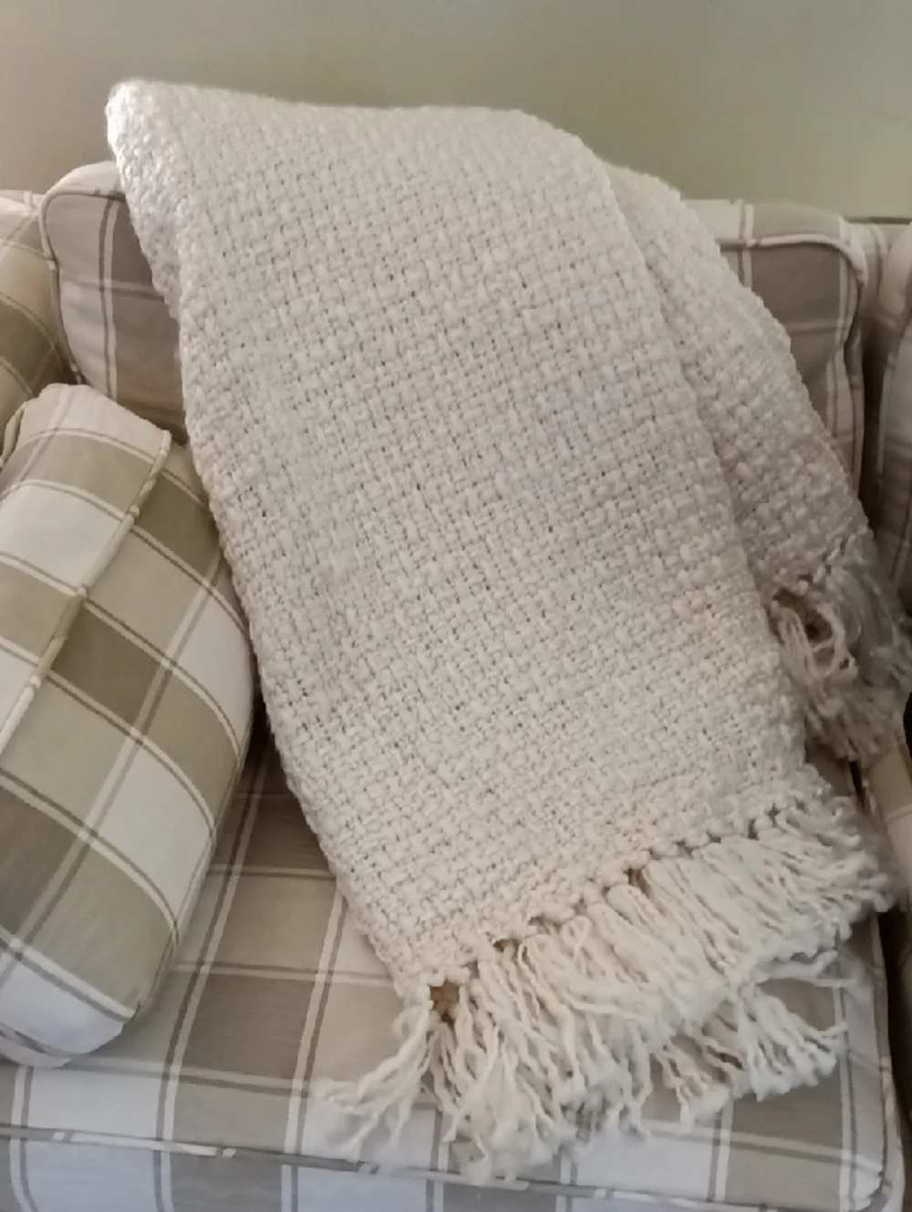 Pottery Barn Cream Textured & Fringed Throw Blanket 50 X 60